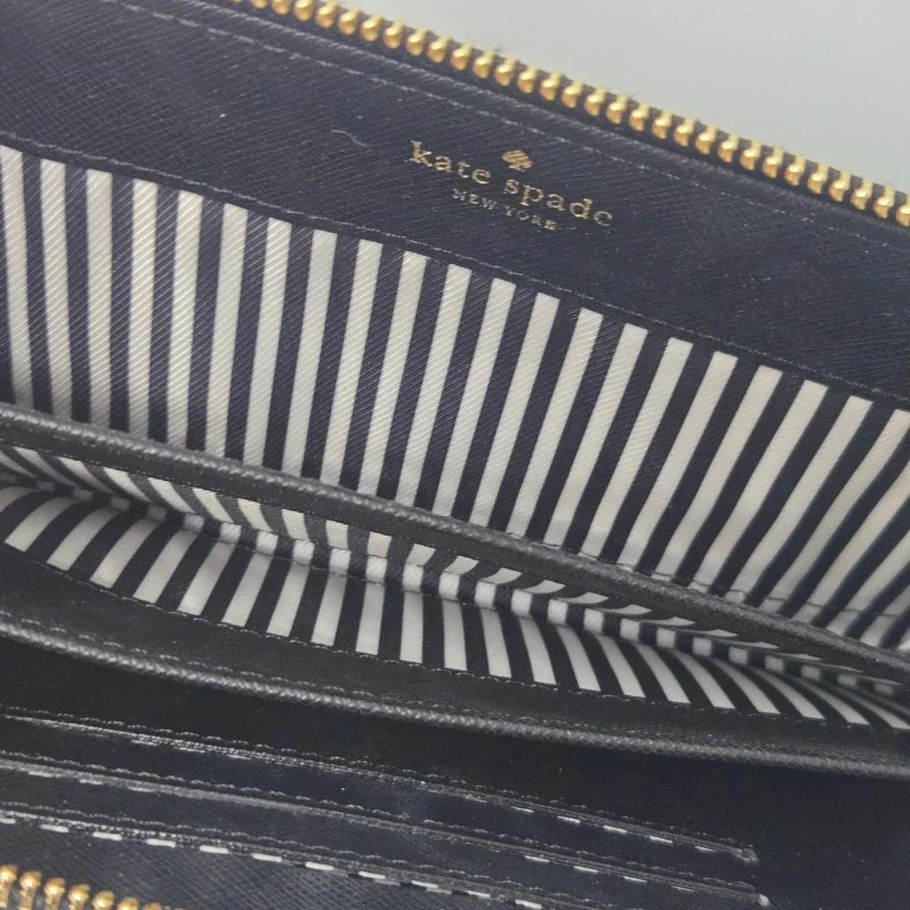 Kate‎ Spade New York Black Saffiano Leather Zip Around Wristlet Wallet Gold Logo